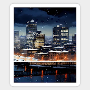 Portland Oregon First Snow: First Snow Scene in Downtown Portland, Oregon on a Dark Background Magnet